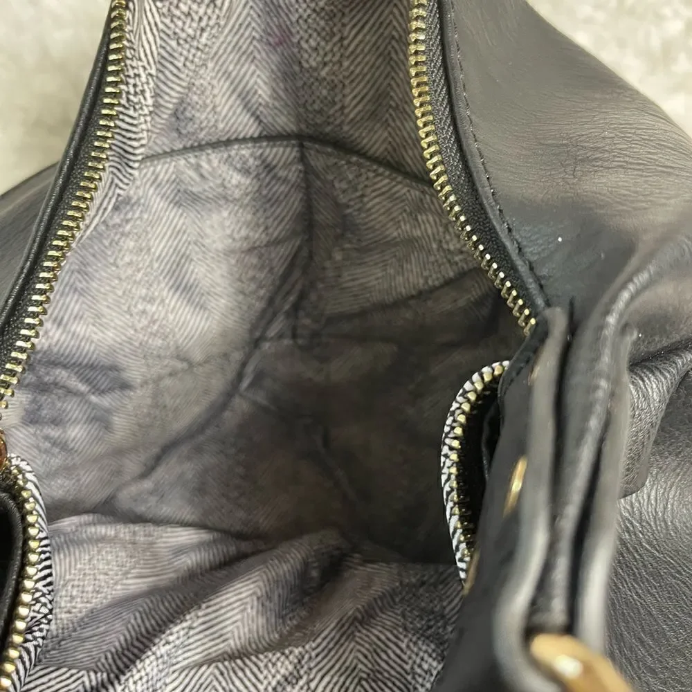 Madison West black faux leather basket weave large hobo bag gold tone hardwares
